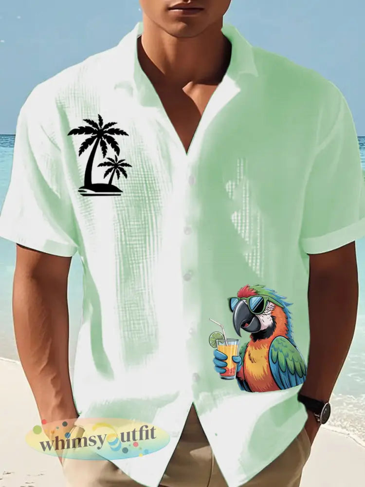 Heren Ik ben met pensioen Het is 5 uur overal papegaaienprint casual wafel met korte mouwen - lichtgroen / S