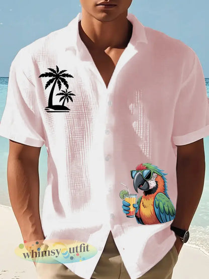 Heren Ik ben met pensioen Het is 5 uur overal papegaaienprint casual wafel met korte mouwen - lichtroze / S