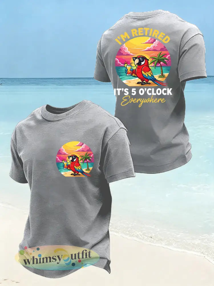 Heren Ik ben met pensioen Het is overal 5 uur Papegaai print Casual T-shirt - Lichtgrijs / S