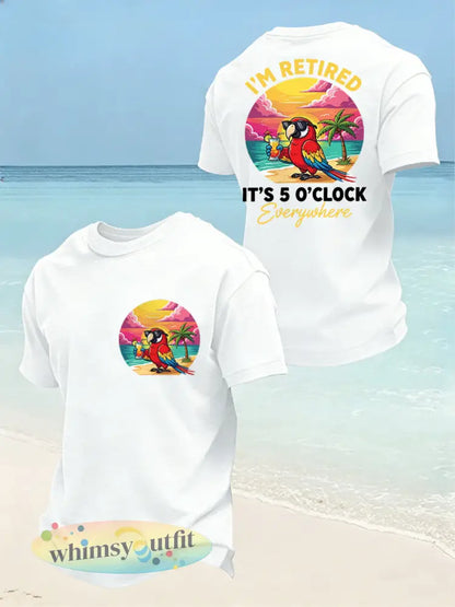 Heren Ik ben met pensioen Het is overal 5 uur Papegaai print Casual T-shirt - Wit / S