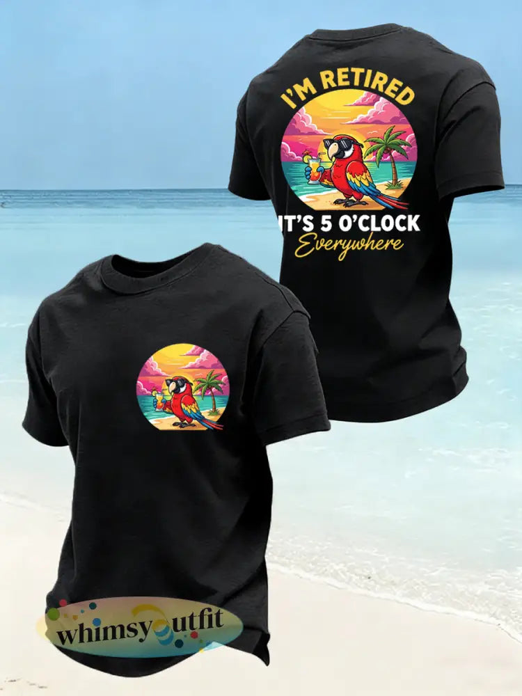 Heren Ik ben met pensioen Het is overal 5 uur Papegaai print Casual T-shirt - Zwart / S