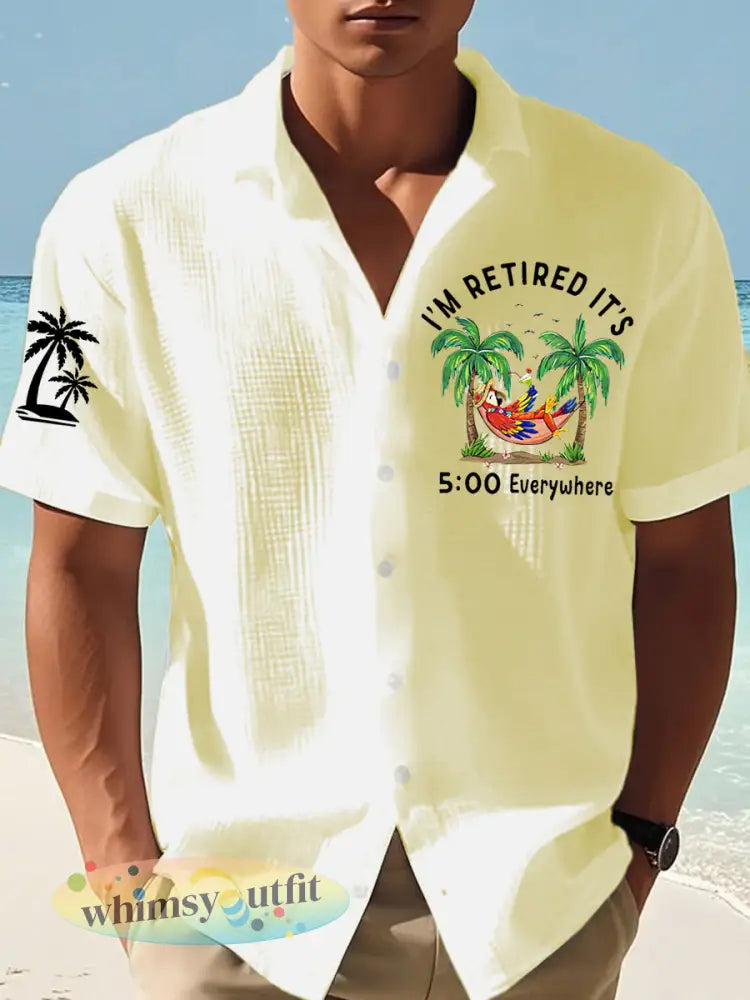 Heren Ik ben met pensioen Het is overal 5 uur Papegaaienprint Casual wafeljersey shirt met korte mouwen - lichtgeel / S