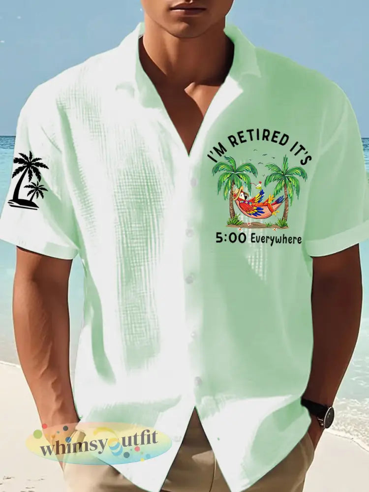 Heren Ik ben met pensioen Het is overal 5 uur Papegaaienprint Casual wafeljersey shirt met korte mouwen - lichtgroen / S