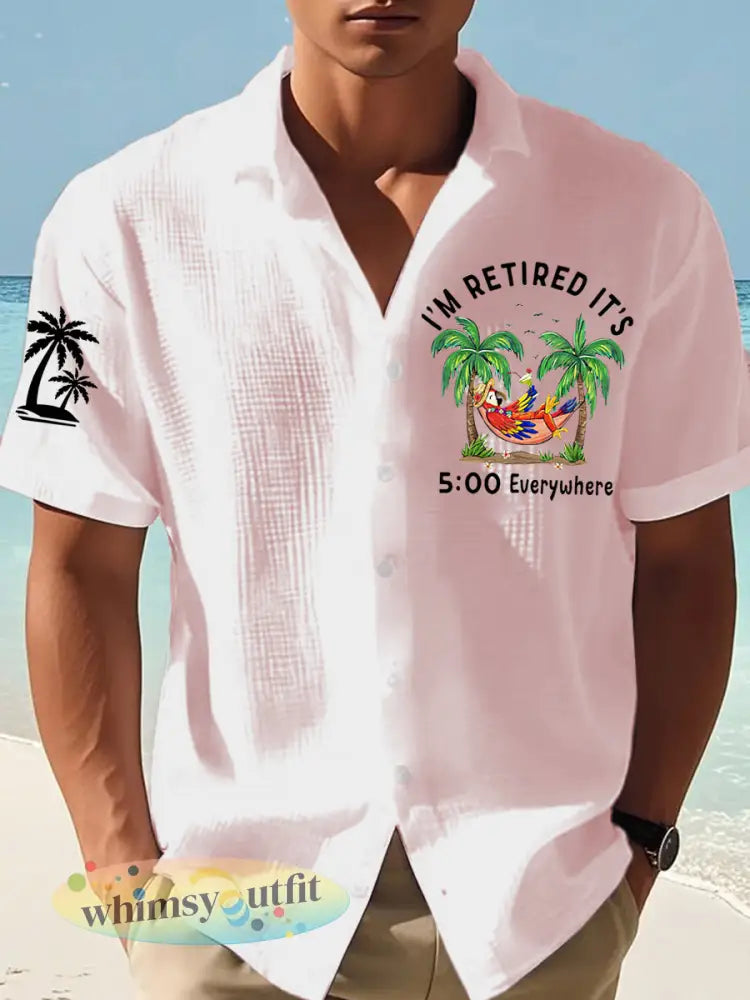 Heren Ik ben met pensioen Het is overal 5 uur Papegaaienprint Casual wafeljersey shirt met korte mouwen - lichtroze / S