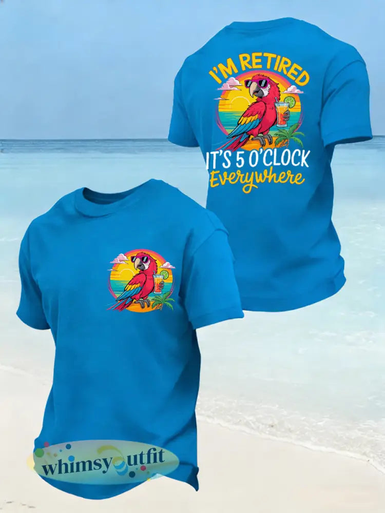 Heren is grappig Ik ben met pensioen Het is 5 uur overal papegaaienprint casual T-shirt - Blauw / S