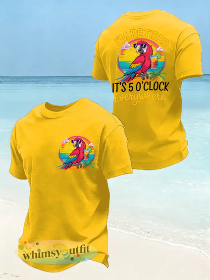 Heren is grappig Ik ben met pensioen Het is 5 uur overal papegaaienprint casual T-shirt - Geel / S