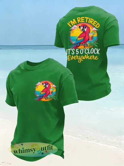 Heren is grappig Ik ben met pensioen Het is 5 uur overal papegaaienprint casual T-shirt - Groen / S