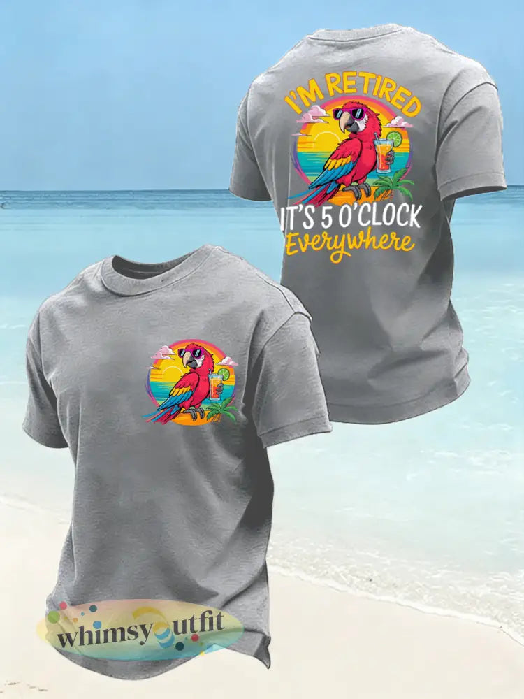 Heren is grappig Ik ben met pensioen Het is 5 uur overal papegaaienprint casual T-shirt - Lichtgrijs / S
