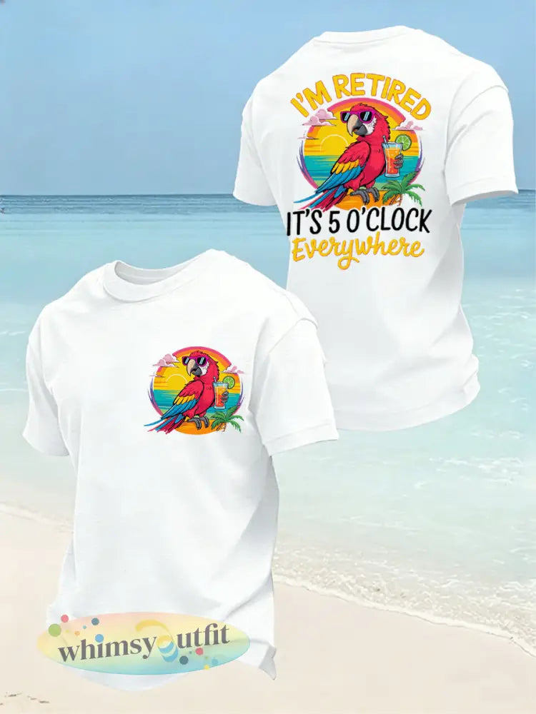 Heren is grappig Ik ben met pensioen Het is 5 uur overal papegaaienprint casual T-shirt - Wit / S