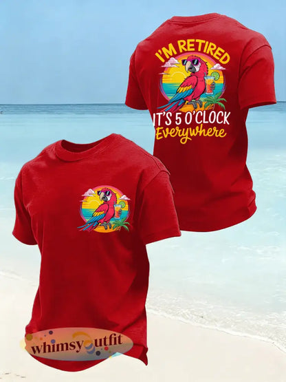 Heren is grappig Ik ben met pensioen Het is 5 uur overal papegaaienprint casual T-shirt - Zuiver Rood / S