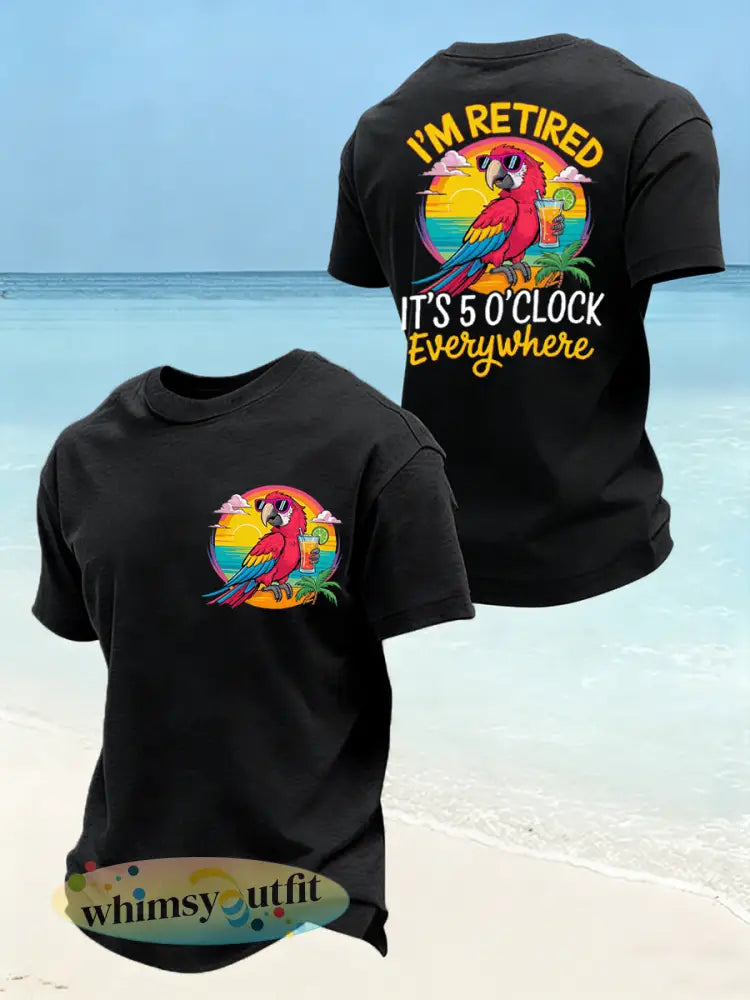 Heren is grappig Ik ben met pensioen Het is 5 uur overal papegaaienprint casual T-shirt - Zwart / S