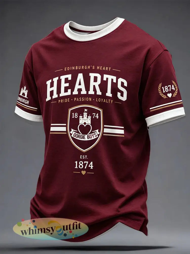 Heren kastanjebruine harten voetballiefhebbers bedrukt T-shirt - Diep Rood / S