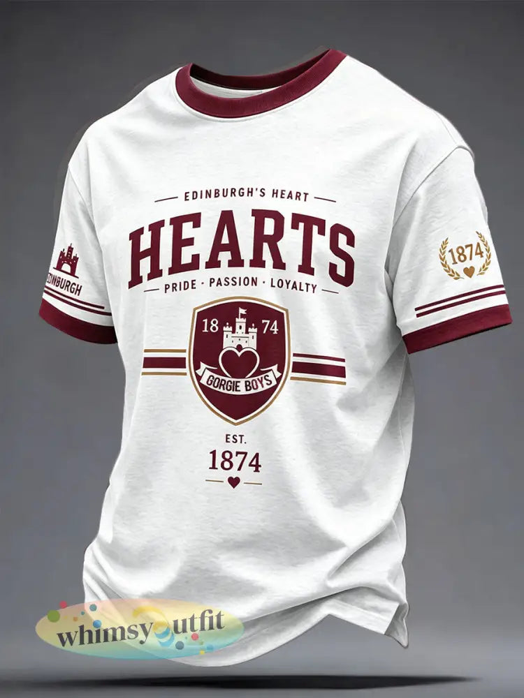 Heren kastanjebruine harten voetballiefhebbers bedrukt T-shirt - Wit / S