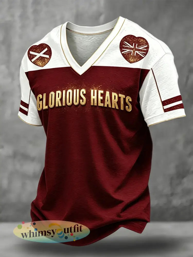 Heren kastanjebruine harten voetballiefhebbers print T-shirt met V-hals - Diep Rood / S