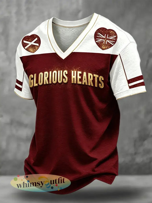 Heren kastanjebruine harten voetballiefhebbers print T-shirt met V-hals - Diep Rood / S