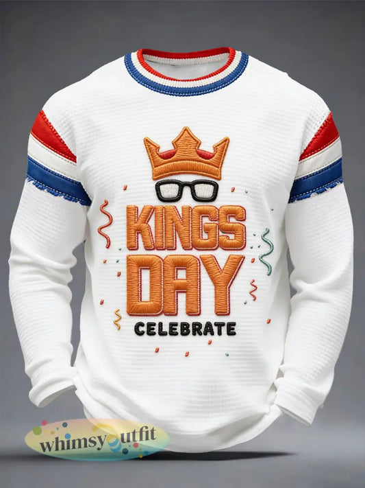 Heren Koningsdag 3D Print Casual Wit Waffle Weave T-shirt met lange mouwen - Wit / S