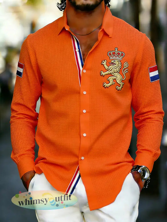 Heren koningsdag geborduurd wafelprint shirt met lange mouwen - A / S