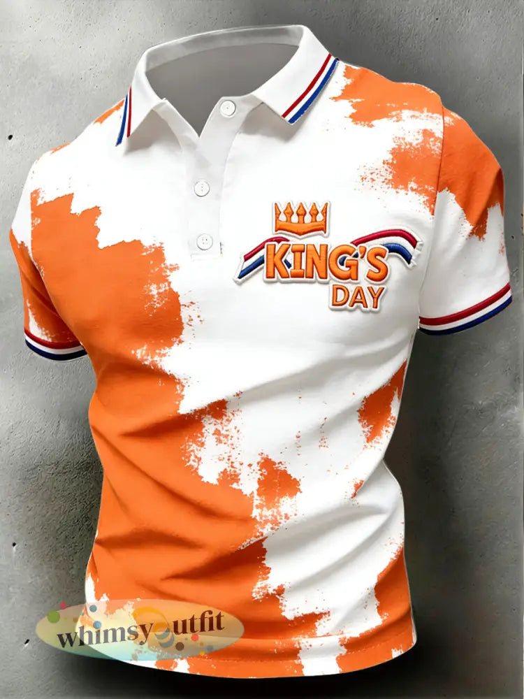 Heren koningsdag met vlag opdruk casual poloshirt - Oranje wit / S