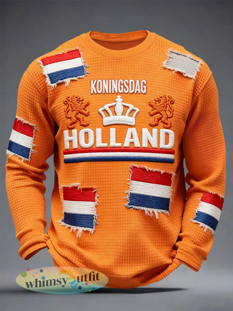 Heren Koningsdag Nederlandse Vlag Patchwork Print Oranje Casual T-shirt met lange mouwen - Sinaasappel / S