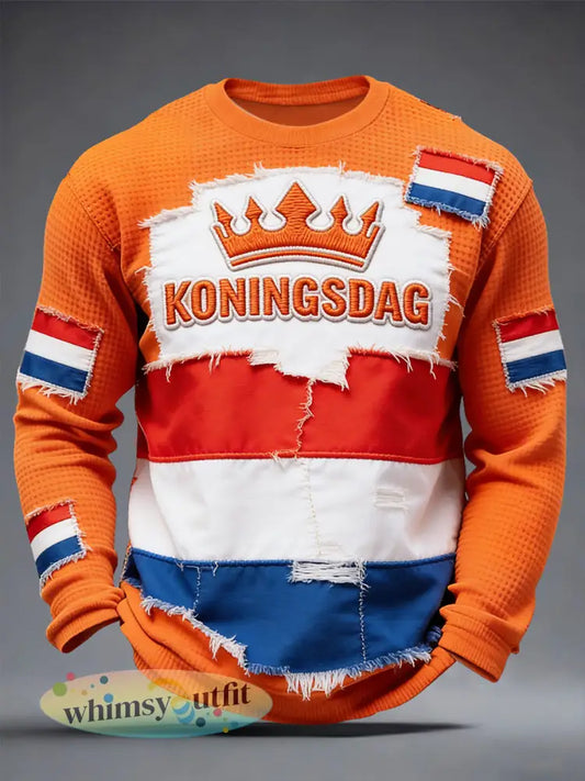 Heren Koningsdag Nederlandse vlag patchwork print wafelweefsel casual T-shirt met lange mouwen - Sinaasappel / S