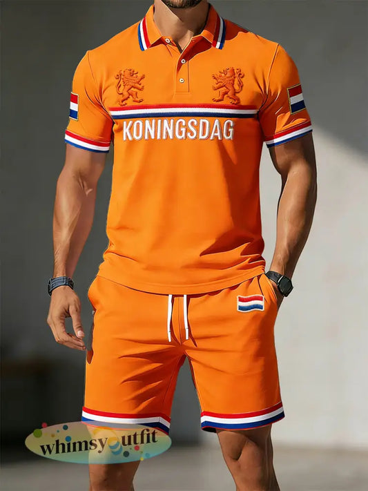 Heren Koningsdag Nederlandse vlag print oranje casual poloshirt en korte broek set - Sinaasappel / S