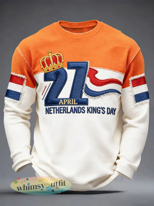 Heren koningsdag patchwork print casual lange mouw wafel weave T-shirt - Oranje wit / S