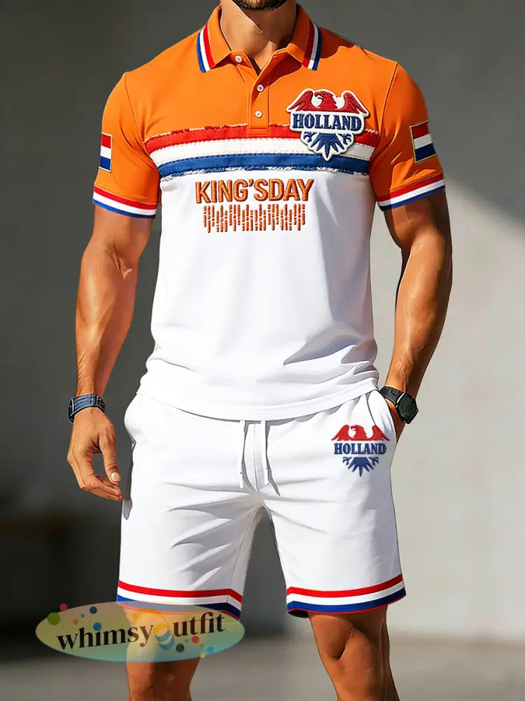 Heren koningsdag patchwork print casual poloshirt en korte broek set - Oranje wit / S