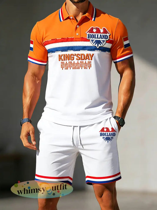Heren koningsdag patchwork print casual poloshirt en korte broek set - Oranje wit / S