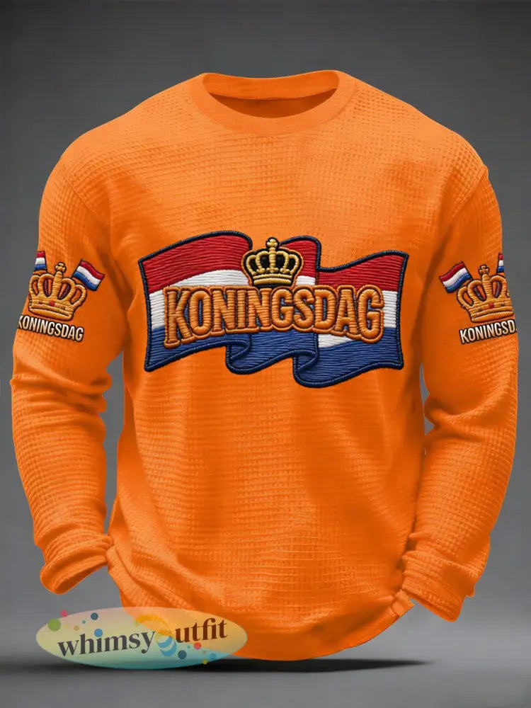 Heren Koningsdag print casual wafel lange mouw T-shirt - Oranje / S