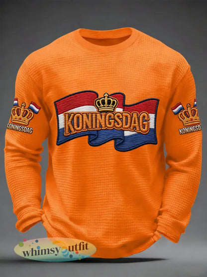 Heren Koningsdag print casual wafel lange mouw T-shirt - Oranje / S