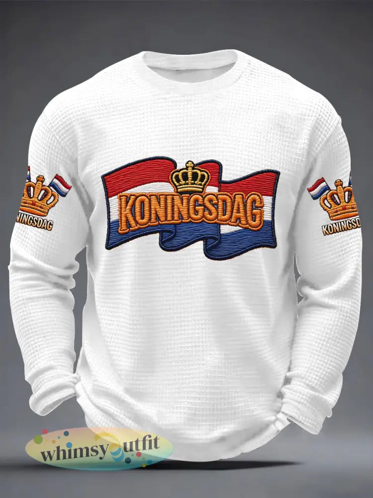 Heren Koningsdag print casual wafel lange mouw T-shirt - Wit / S