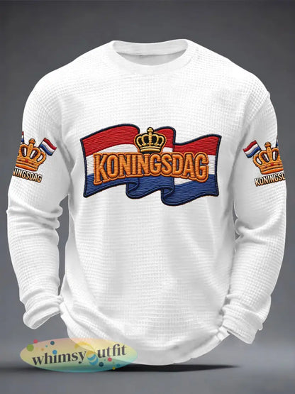 Heren Koningsdag print casual wafel lange mouw T-shirt - Wit / S
