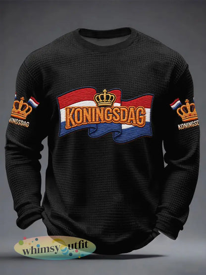 Heren Koningsdag print casual wafel lange mouw T-shirt - Zwart / S