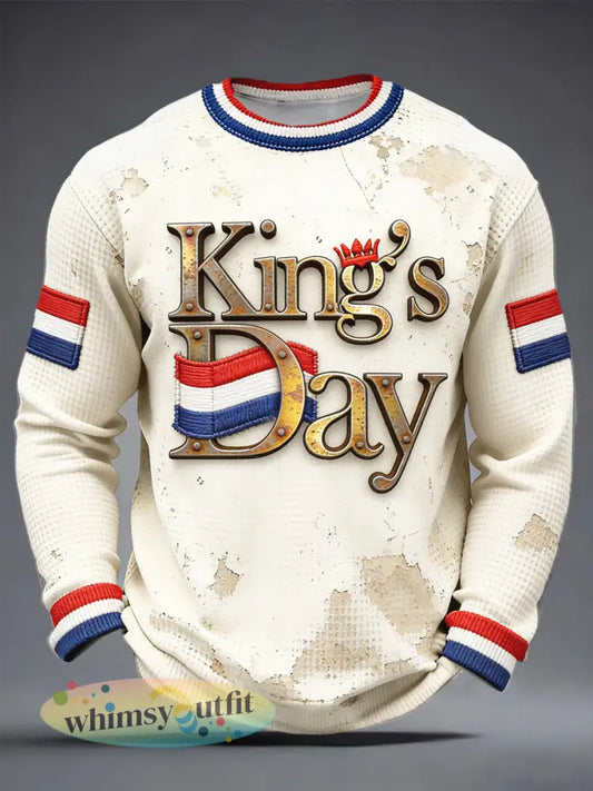 Heren Koningsdag Retro-geïnspireerd 3D-geprint casual T-shirt met lange mouwen - Romig-Wit / S