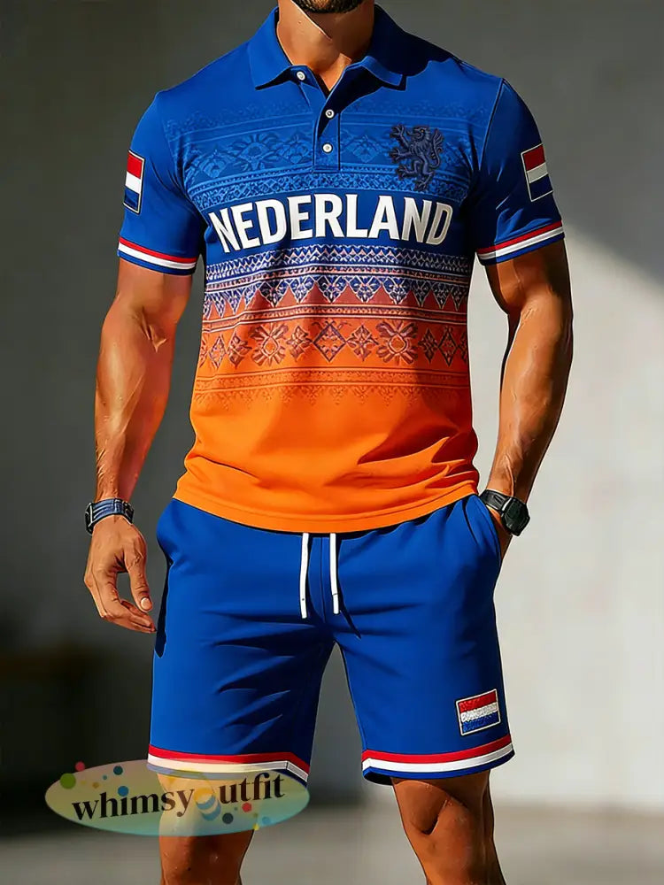 Heren Koningsdag Thema Color-Geblokkeerde Print Polo Shorts Set - A / S
