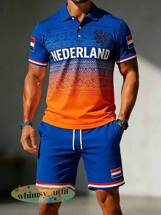 Heren Koningsdag Thema Color-Geblokkeerde Print Polo Shorts Set - A / S