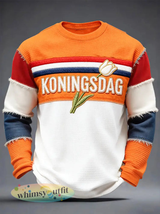 Heren Koningsdag Tulp Nederlandse Vlag Patchwork Print Casual T-shirt met Lange Mouwen - Oranje wit / S
