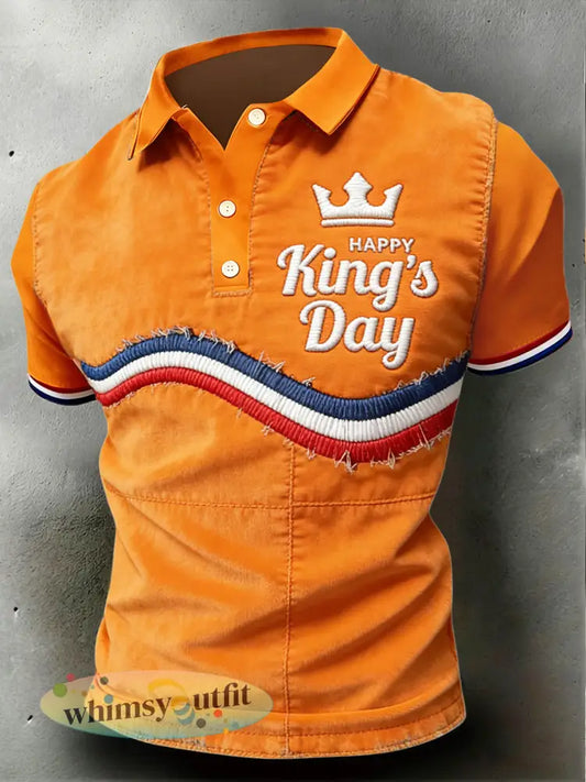 Heren koningsdag vlag vintage patchwork print casual poloshirt - Sinaasappel / S