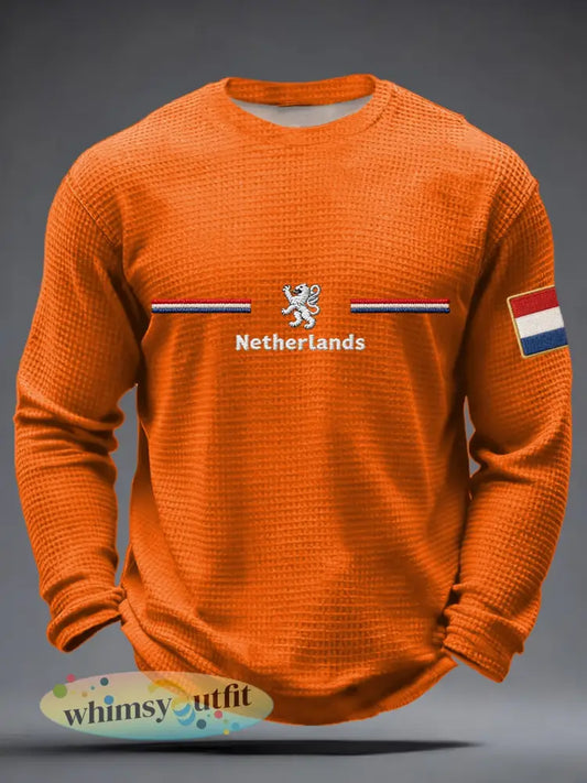 Heren Koningsdag wafel lange mouw T-shirt - Oranje / S