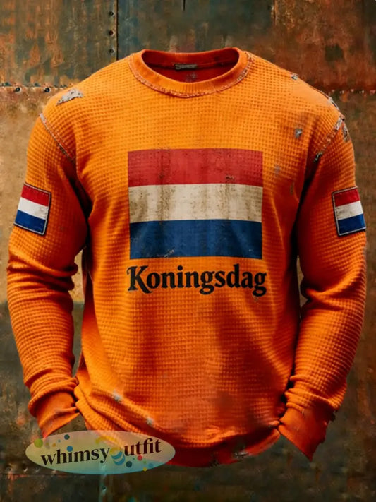 Heren Koningsdag wafel lange mouw T-shirt - Sinaasappel / S