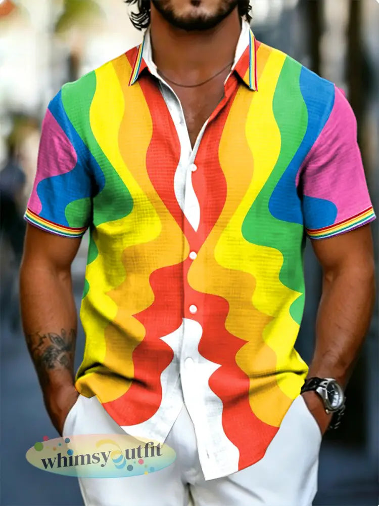 Heren LGBT regenboogprint casual shirt met korte mouwen - Veelkleurig / S