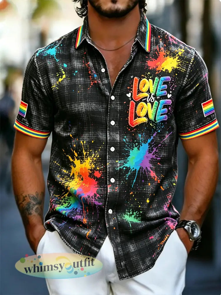 Heren LGBT regenboogprint casual zwart shirt met korte mouwen - Zwart / S