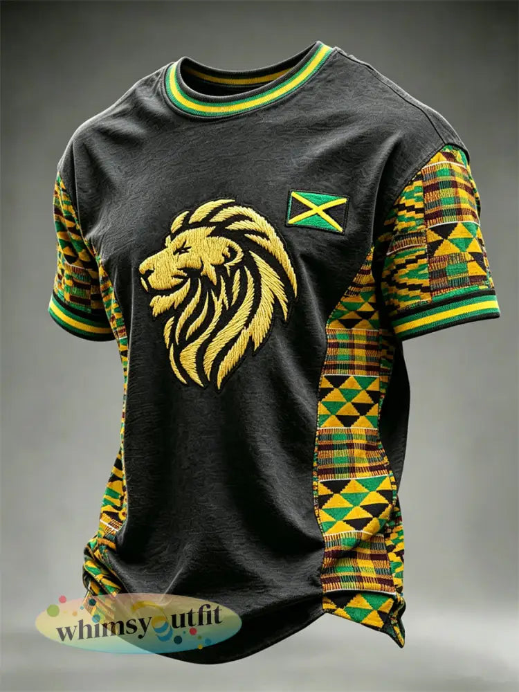 Heren Liion Head Jamaica Vlag Afrika Kente Patchwork Print t-shirt met korte mouwen - Zwart / S