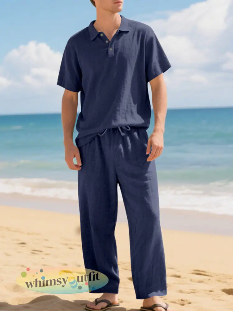 Heren losse ademende casual katoenen en linnen pak - Marineblauw / S