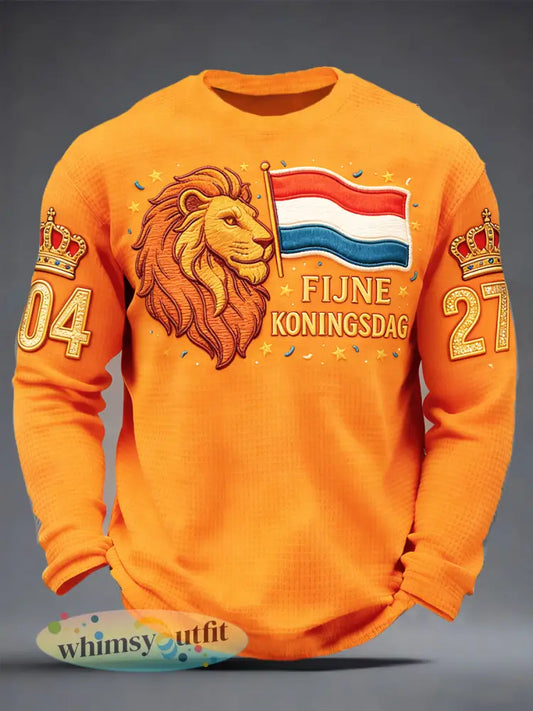 Heren Nederland 0427 Koningsdag Leeuwenprint T-shirt met lange mouwen - Orange / S