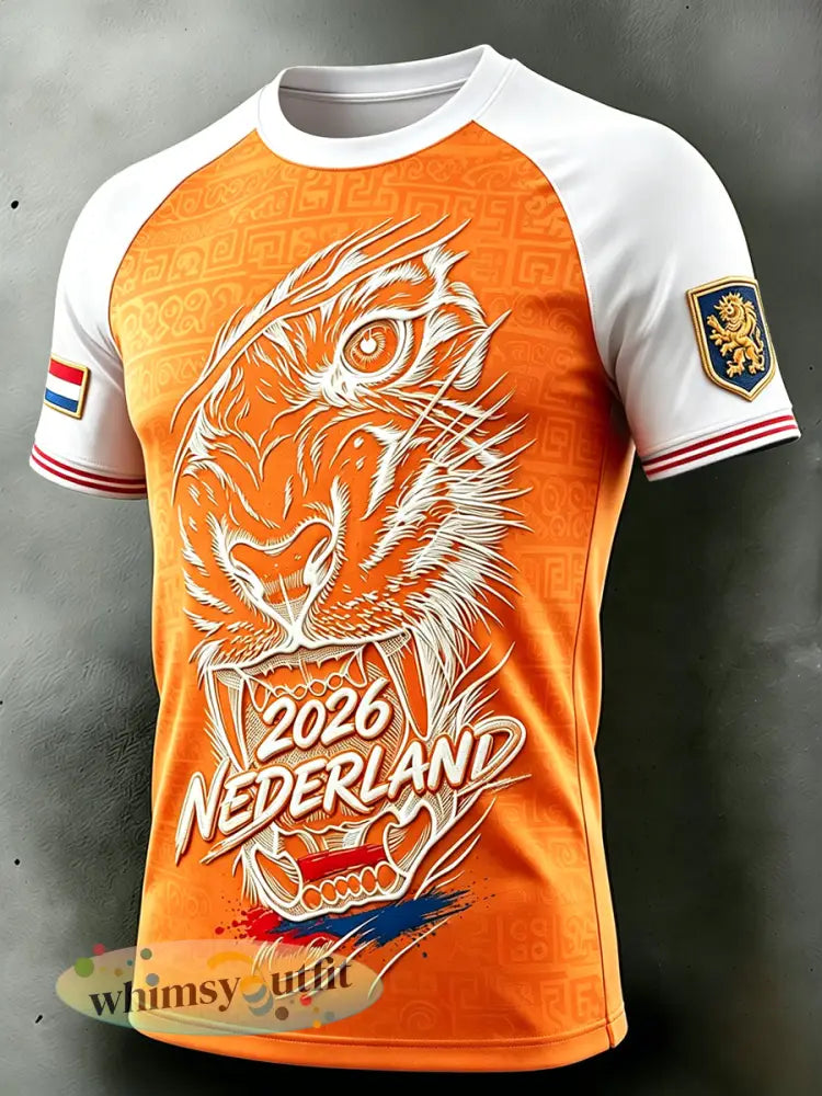 Heren Nederland 2026 leeuwen voetbal patchwork print casual drop-shoulder T-shirt - Sinaasappel / S