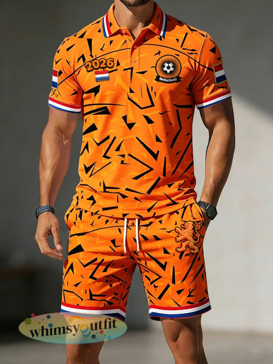 Heren Nederland 2026 Voetbal Graffiti Print Casual Poloshirt en Korte Broek Set - Sinaasappel / S
