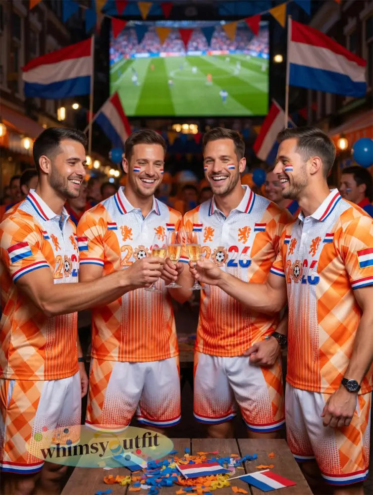 Heren Nederland 2026 voetbal patchworkprint casual poloshirt en korte broek set