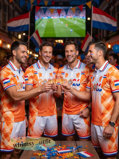 Heren Nederland 2026 voetbal patchworkprint casual poloshirt en korte broek set