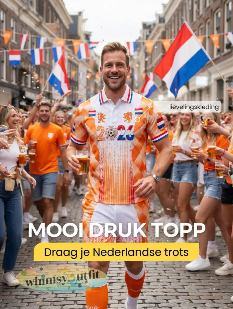 Heren Nederland 2026 voetbal patchworkprint casual poloshirt en korte broek set
